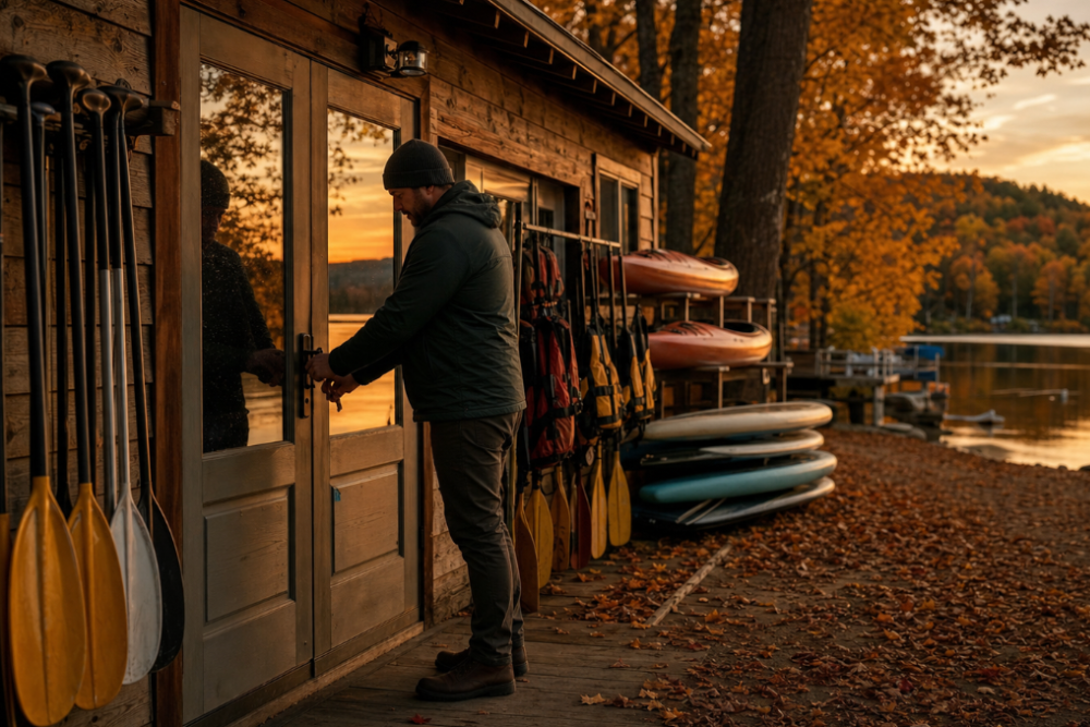 Commerce de location d'équipement de plein air au bord d'un lac hors haute saison